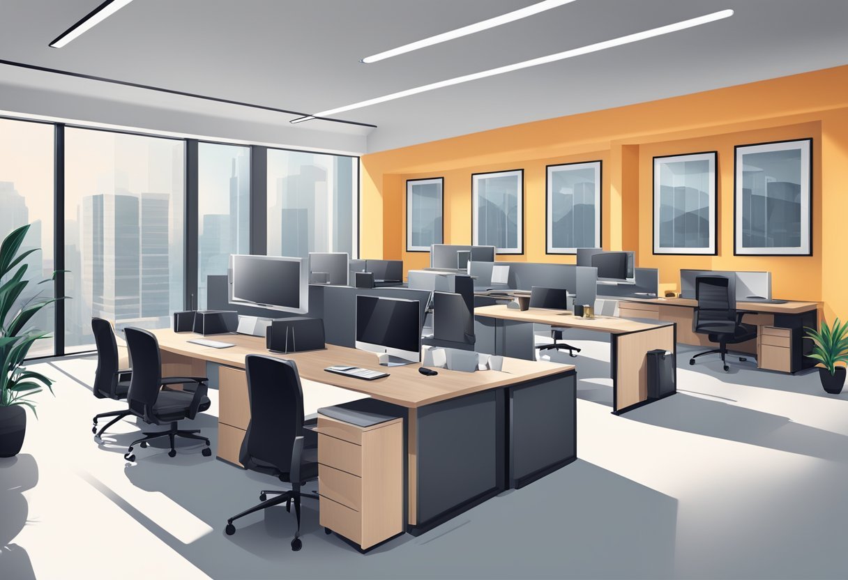 A sleek, modern office with a high-powered atmosphere. The space exudes professionalism and expertise, with a sophisticated color scheme and minimalist decor